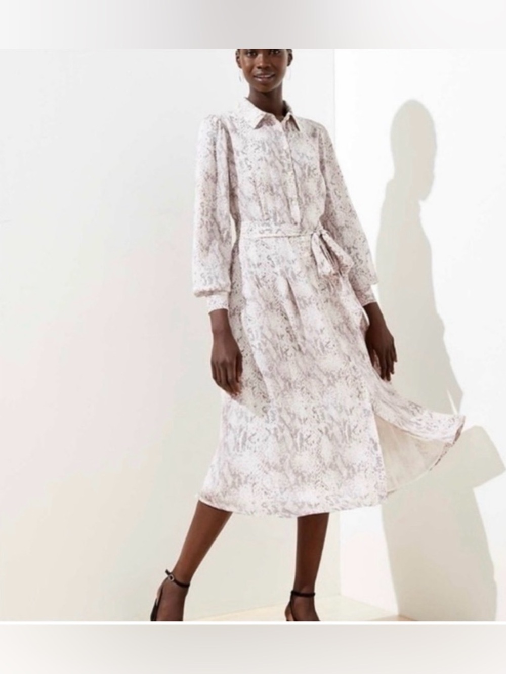 LOFT Gray White Snake Patterned Button Down Tie Waist Midi Shirt Dress Size 14